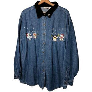 Nutcracker Plus Size Shirt 24W Blue Chambray Holiday Snowman Ski Snow Tree WS19